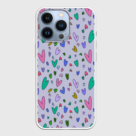 Чехол для iPhone 13 Pro с принтом Сиреневые сердечки в городе Новоалтайск,  |  | зелёные сердечки | пастельные цвета | пижама в сердечках | разноцветные сердечки | розовые сердечки | сердечки | сиреневые сердечки