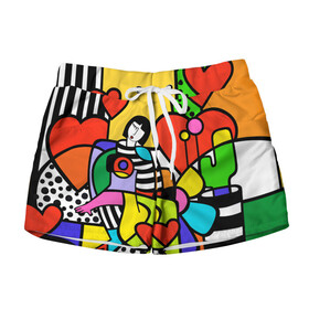 Женские шорты 3D с принтом Romero Britto   valentines day в городе Новоалтайск, 100% полиэстер | прямой крой, два кармана без застежек по бокам. Мягкая трикотажная резинка на поясе, внутри которой широкие завязки. Длина до середины бедра | brazilian artist | bright colors | cubism | emoji | girl | hearts | love | pop art | romero britto | valentines day | бразильский художник | девушка | день святого валентина | кубизм | любовь | ромеро бритто | сердца | эмодзи | 