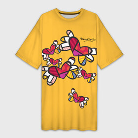 Платье-футболка 3D с принтом Romero Britto  flying hearts в городе Новоалтайск,  |  | autograph | brazilian artist | bright colors | butterflies | cubism | emoji | flying h | graffiti | pop art | автограф | бабочки | бразильский художник | граффити | день святого валентина | кубизм | летящие сердечки | любовь | р