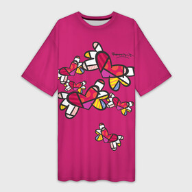 Платье-футболка 3D с принтом Romero Britto  flying hearts. в городе Новоалтайск,  |  | autograph | brazilian artist | bright colors | butterflies | cubism | emoji | flying h | graffiti | pop art | автограф | бабочки | бразильский художник | граффити | день святого валентина | кубизм | летящие сердечки | любовь | р