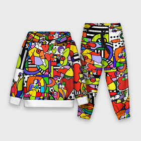 Детский костюм 3D (с толстовкой) с принтом Romero Britto   love collage. в городе Новоалтайск,  |  | Тематика изображения на принте: brazilian artist | bright colors | cubism | emoji | fishes | fl | girls | graffiti | pop art | romero britto | бразильский художник | граффити | девушки | день святого валентина | коллаж | кубизм | любовь | ромеро бритто | рыбы 