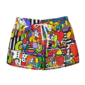 Женские шорты 3D с принтом Romero Britto   love collage. в городе Новоалтайск, 100% полиэстер | прямой крой, два кармана без застежек по бокам. Мягкая трикотажная резинка на поясе, внутри которой широкие завязки. Длина до середины бедра | brazilian artist | bright colors | cubism | emoji | fishes | fl | girls | graffiti | pop art | romero britto | бразильский художник | граффити | девушки | день святого валентина | коллаж | кубизм | любовь | ромеро бритто | рыбы 