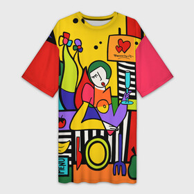 Платье-футболка 3D с принтом Girl with a glass в городе Новоалтайск,  |  | brazilian artist | bright colors | cubism | emoji | graffiti | heart | pop art | romero britto | бразильский художник | граффити | девушка с бакалом | день святого валентина | кубизм | любовь | ромеро бритто 