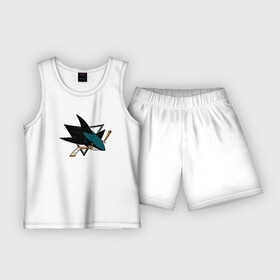 Детская пижама с шортами хлопок с принтом Sharks are coming, Сан Хосе Шаркс (San Jose Sharks) в городе Новоалтайск,  |  | Тематика изображения на принте: hockey | nhl | san jose | san jose sharks | sharks | sharks are coming | usa | нхл | сан хосе | санхосе | санхосе шаркс | спорт | сша | хоккей | шайба | шаркс