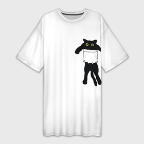 Платье-футболка 3D с принтом Кот висит в кармане 3D в городе Новоалтайск,  |  | cat | kitten | висит | глаза | дыра | дырка | карман | кармашек | корман | кот | котенок | кошка | порвался | пушистый | рваный | сидит | силуэт | тень | хвост | черный