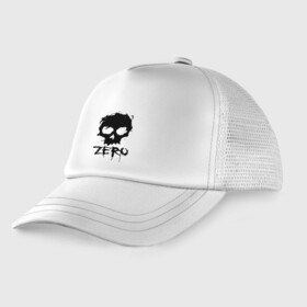 Детская кепка тракер с принтом Zero   skull в городе Новоалтайск, Козырек - 100% хлопок. Кепка - 100% полиэстер, Задняя часть - сетка | универсальный размер, пластиковая застёжка | blot | hype | orbits | skull | zero | глазницы | клякса | ноль | хайп | череп