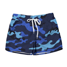 Женские шорты 3D с принтом Камуфляж Blue Camo в городе Новоалтайск, 100% полиэстер | прямой крой, два кармана без застежек по бокам. Мягкая трикотажная резинка на поясе, внутри которой широкие завязки. Длина до середины бедра | blue | camo | камуфляж | синий | хайп | шмот