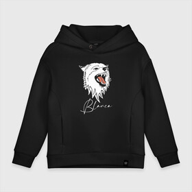 Детское худи Oversize хлопок с принтом Blanca   Wolf в городе Новоалтайск, френч-терри — 70% хлопок, 30% полиэстер. Мягкий теплый начес внутри —100% хлопок | боковые карманы, эластичные манжеты и нижняя кромка, капюшон на магнитной кнопке | Тематика изображения на принте: fangs | jaw | muzzle | tongue | wolf | волк | волчица | клыки | пасть | язык