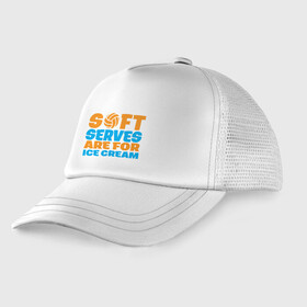 Детская кепка тракер с принтом Soft Serves в городе Новоалтайск, Козырек - 100% хлопок. Кепка - 100% полиэстер, Задняя часть - сетка | универсальный размер, пластиковая застёжка | game | sport | volley | volleyball | волейбол | волейболист | волейболистка | игра | мяч | спорт | спортсмен