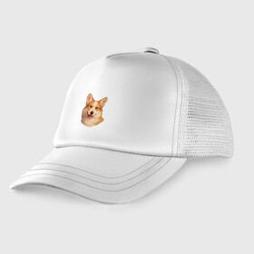 Детская кепка тракер с принтом Corgi Portrait в городе Новоалтайск, Козырек - 100% хлопок. Кепка - 100% полиэстер, Задняя часть - сетка | универсальный размер, пластиковая застёжка | dog | добрый | кинолог | корги | лапочка | милый | пес | порода | портрет | рыжий | собака | щенок