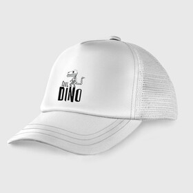 Детская кепка тракер с принтом Cool Dino в городе Новоалтайск, Козырек - 100% хлопок. Кепка - 100% полиэстер, Задняя часть - сетка | универсальный размер, пластиковая застёжка | dinosaur | jaw | skeleton | teeth | динозавр | зубы | пасть | скелет