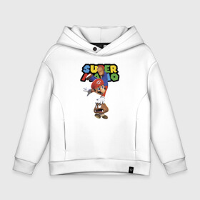Детское худи Oversize хлопок с принтом Mario and Goomba   Super Mario в городе Новоалтайск, френч-терри — 70% хлопок, 30% полиэстер. Мягкий теплый начес внутри —100% хлопок | боковые карманы, эластичные манжеты и нижняя кромка, капюшон на магнитной кнопке | dude | eyes | fangs | goomba | hero | jaw | mario | video game | видеоигра | герой | глаза | гриб | гумба | клыки | марио | пасть | персонаж | чувак