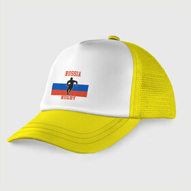 Детская кепка тракер с принтом Russian Rugby в городе Новоалтайск, Козырек - 100% хлопок. Кепка - 100% полиэстер, Задняя часть - сетка | универсальный размер, пластиковая застёжка | Тематика изображения на принте: rugby | russia | sport | патриот | регби | россия | россиянин | русская | русский | спорт | страна | триколор | флаг