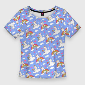 Женская футболка 3D Slim с принтом КОТ ЕДИНОРОГ в городе Новоалтайск,  |  | art | background | cat | cloud | heart | hearts | kitten | pattern | rainbow | stars | texture | unicorn | арт | единорог | звезды | кот | котенок | котик | кошка | облако | паттерн | радуга | сердечки | сердце | текстура | фон