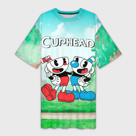 Платье-футболка 3D с принтом Cuphead Красная и синяя чашечка в городе Новоалтайск,  |  | cuphead | cupheadshow | игра чашки | капхед | капхэд | нетфликс | чашечки | чашка | чашки | шоу | шоу чашечка