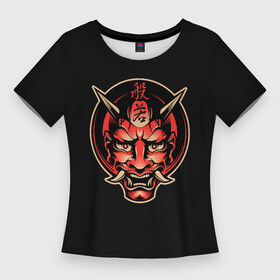 Женская футболка 3D Slim с принтом Красная Маска Они в городе Новоалтайск,  |  | culture | demon | devil | fangs | hieroglyphs | horns | japan | japanese | monster | oni | гало | демон | дьявол | закат | иероглифы | клыки | красная | красный | культура | маска | монстр | они | рога | чудовище | япония | японская