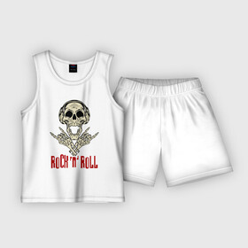 Детская пижама с шортами хлопок с принтом Rock n Roll  Skull в городе Новоалтайск,  |  | bones | fingers | gesture | headphones | jaw | music | rock n roll | skull | teeth | жест | зубы | кости | музыка | пальцы | пасть | рок н ролл | череп