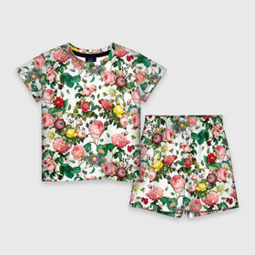 Детский костюм с шортами 3D с принтом Узор из летних роз  Summer Roses Pattern в городе Новоалтайск,  |  | Тематика изображения на принте: bouquet | collage | floral | flower | leafs | roses | spring | sum | summertime | акварель | акварельные цветы | букет цветов | весна | зелень | коллаж | летние цветы | летний узор | лето | листья | пион | пионы | рисунок цветов | розы