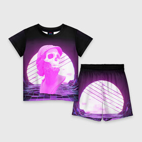 Детский костюм с шортами 3D с принтом Vaporwave  Skull  Психоделика в городе Новоалтайск,  |  | mountains | psychedelic | skull | sun | vaporwave | горы | психоделика | солнце | череп