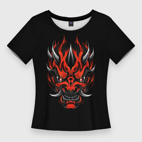 Женская футболка 3D Slim с принтом Рогатый Демон Они в городе Новоалтайск,  |  | burning | demon | devil | evil | eyes | fangs | horns | mask | oni | red | tengu | yokai | глаза | горящие | демон | демона | дьявол | дьявола | ёкай | ёкая | злой | клыки | красные | красный | маска | они | рога | рогатый | тенгу