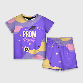Детский костюм с шортами 3D с принтом Prom party в городе Новоалтайск,  |  | Тематика изображения на принте: вечеринка | выпускной | звезды | колпак | надпись | пластинка | праздник | пятна