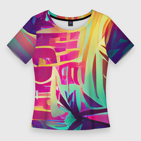 Женская футболка 3D Slim с принтом Хиппи вайб в городе Новоалтайск,  |  | bright | colors | happy | hippie | jungle | summer | tropic | vibe | абстракция | вайб | джунгли | красочный | лето | настроение | радостный | разноцветный | счастливый | тропический | фееричный | хиппи | цвета