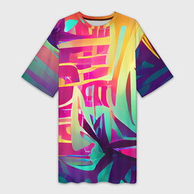 Платье-футболка 3D с принтом Хиппи вайб в городе Новоалтайск,  |  | bright | colors | happy | hippie | jungle | summer | tropic | vibe | абстракция | вайб | джунгли | красочный | лето | настроение | радостный | разноцветный | счастливый | тропический | фееричный | хиппи | цвета