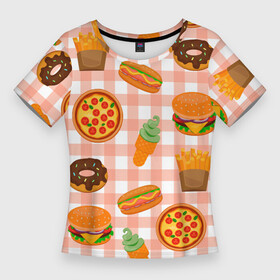 Женская футболка 3D Slim с принтом PIZZA DONUT BURGER FRIES ICE CREAM pattern в городе Новоалтайск,  |  | бургер | мороженое | пицца | пончик | текстура | фон | фри