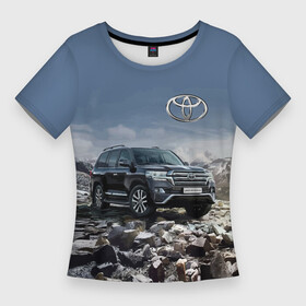 Женская футболка 3D Slim Toyota Land Cruiser 200 V8: в городе Новоалтайск,  |  | car | japan | land cruiser | mountains | nature | off road vehicle | sky | snow | stones | toyota | автомобиль | внедорожник | горы | камни | небо | природа | снег | тойота | япония