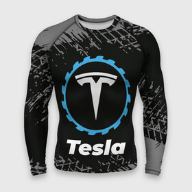 Мужской рашгард 3D с принтом Tesla в стиле Top Gear со следами шин на фоне в городе Новоалтайск,  |  | auto | brand | gear | logo | symbol | tesla | top | авто | бренд | гир | илон | лого | маск | символ | следы | тесла | топ | шин | шины