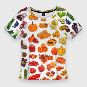 Женская футболка 3D Slim с принтом VEGETABLE FRUIT ABUNDANCE в городе Новоалтайск,  |  | Тематика изображения на принте: арбуз | банан | виноград | гранат | груша | дыня | капуста | клубника | кукуруза | лимон | лук | морковь | овощи | огурец | перец | помидор | фрукты | яблоки