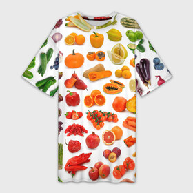 Платье-футболка 3D с принтом VEGETABLE FRUIT ABUNDANCE в городе Новоалтайск,  |  | Тематика изображения на принте: арбуз | банан | виноград | гранат | груша | дыня | капуста | клубника | кукуруза | лимон | лук | морковь | овощи | огурец | перец | помидор | фрукты | яблоки