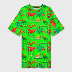 Платье-футболка 3D с принтом TEXTURE WITH DINOSAURS в городе Новоалтайск,  |  | brontosaurus | egg | pterodactyl | tyrannosaurus | volcano | бронтозавр | вулкан | птеродактиль | тиранозавр | яйцо
