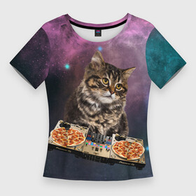 Женская футболка 3D Slim с принтом Космический котёнок диджей  Space DJ Cat в городе Новоалтайск,  |  | galaxy | in space | pizza | vinyl | vynil | в космосе | винил | вселенная | галактика | диск жокей | космическая кошка | космический кот | космос | кот | котик | котята | микшер | пицца | прикол | пульт | юмор