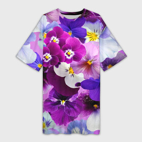 Платье-футболка 3D с принтом CHARMING PANSIES в городе Новоалтайск,  |  | botanical | bouquet | floral | garden | gre | nature | pansies | pink | plant | spring | summer | yellow | анютины глазки | ботанический | букет | весна | желтый | зеленый | красивый | красочный | лето | лист | природа | растение | розовый