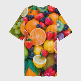 Платье-футболка 3D с принтом ABUNDANCE OF FRUITS в городе Новоалтайск,  |  | colorful | fresh | grape | green | healthy | lemon | orange | pineapple | red | strawberry | summer | sweet | vegetarian | yellow | ананас | апельсин | вегетарианский | виноград | желтый | здоровый | зеленый | клубника | красный | красочный | лето | лимон