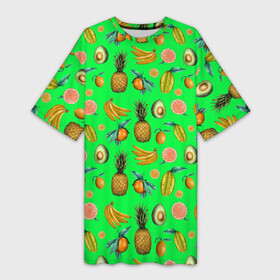 Платье-футболка 3D с принтом FAVORITE EXOTIC FRUITS в городе Новоалтайск,  |  | bananas | exotic | food | green | kiwi | leaf | lemon | natural | orange | pineapple | plant | sweet | tropical | yellow | ананас | апельсин | бананы | еда | желтый | зеленый | киви | лимон | лист | натуральный | оранжевый | растение | сладкий | тропическ