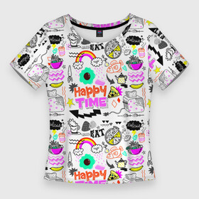 Женская футболка 3D Slim с принтом HAPPY TIME в городе Новоалтайск,  |  | banana | bread | fish | flying saucer | food | fruit | happy | kettle | pizza | quotes | time | toaster | банан | время | еда | летающая тарелка | пицца | рыба | счастливый | тостер | фрукт | хлеб | цитаты | чайник