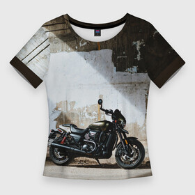 Женская футболка 3D Slim с принтом Мотобайк в луче света в городе Новоалтайск,  |  | байк | вечер | город | закат | коричневый | луч | мото | мотобайк | мотоцикл | свет