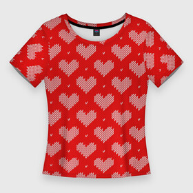 Женская футболка 3D Slim с принтом Вязаные Сердечки в городе Новоалтайск,  |  | hearts | knitted | lace | red | white | белый | вязанные | красный | кружево | сердечки | сердца