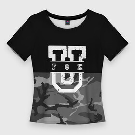 Женская футболка 3D Slim с принтом FCK gray military в городе Новоалтайск,  |  | Тематика изображения на принте: camouflage | censored | dark | fck | gray | military | phrase | text | аббревиатура | буквы | военный | камуфляж | латиница | мат | надпись | серый | слово | текст | темный | фраза