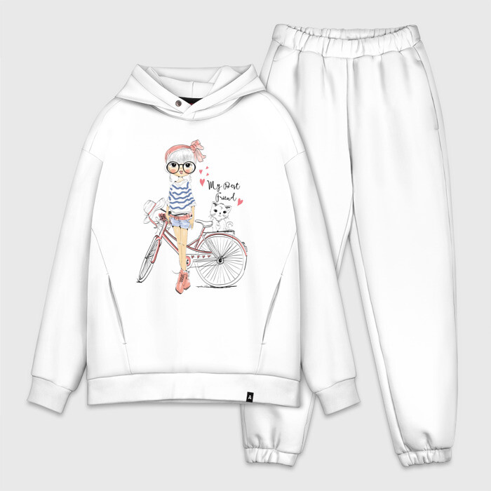 Мужской костюм хлопок OVERSIZE Девушка с котиком фото