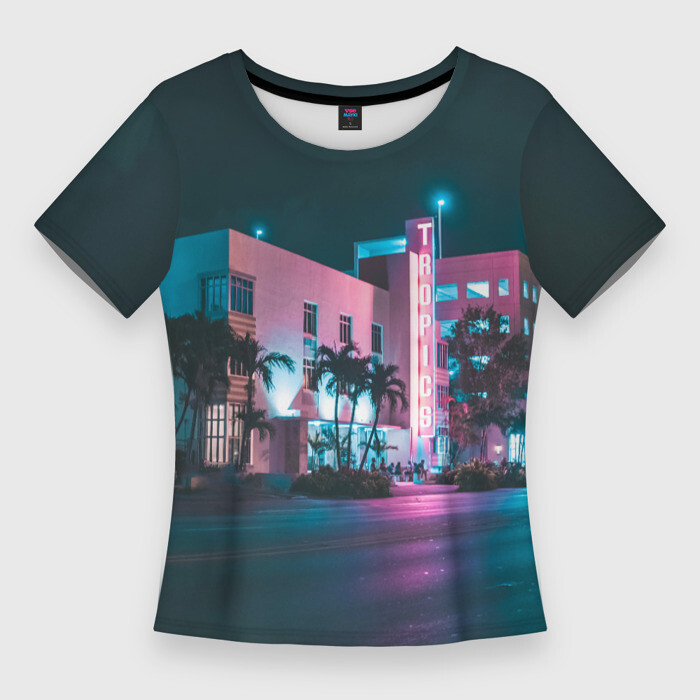Женская футболка 3D Slim Неоновая улица  Светло синий фото